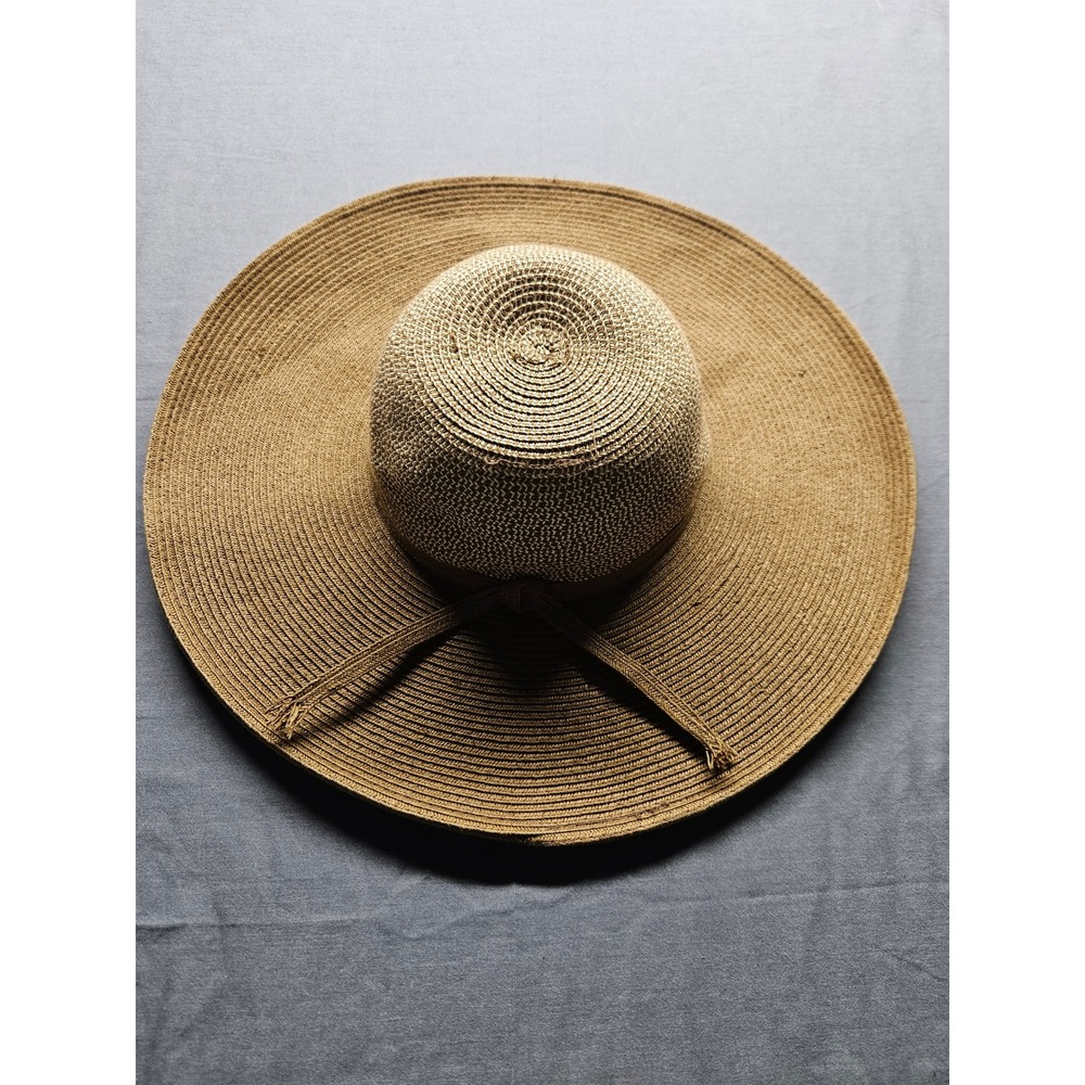 HBY Miami Women Tan White Woven Straw Wide Brim Floppy Sun Hat Summer Beach